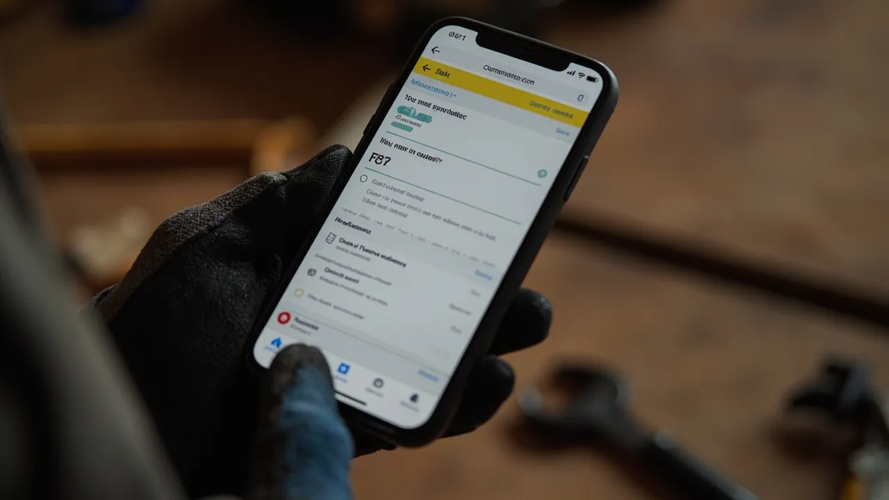 Symbolbild: eine arbeitshandschuhbedeckte Hand hält ein Smartphone mit einem Angebots-Anfrageformular auf einer Baustelle