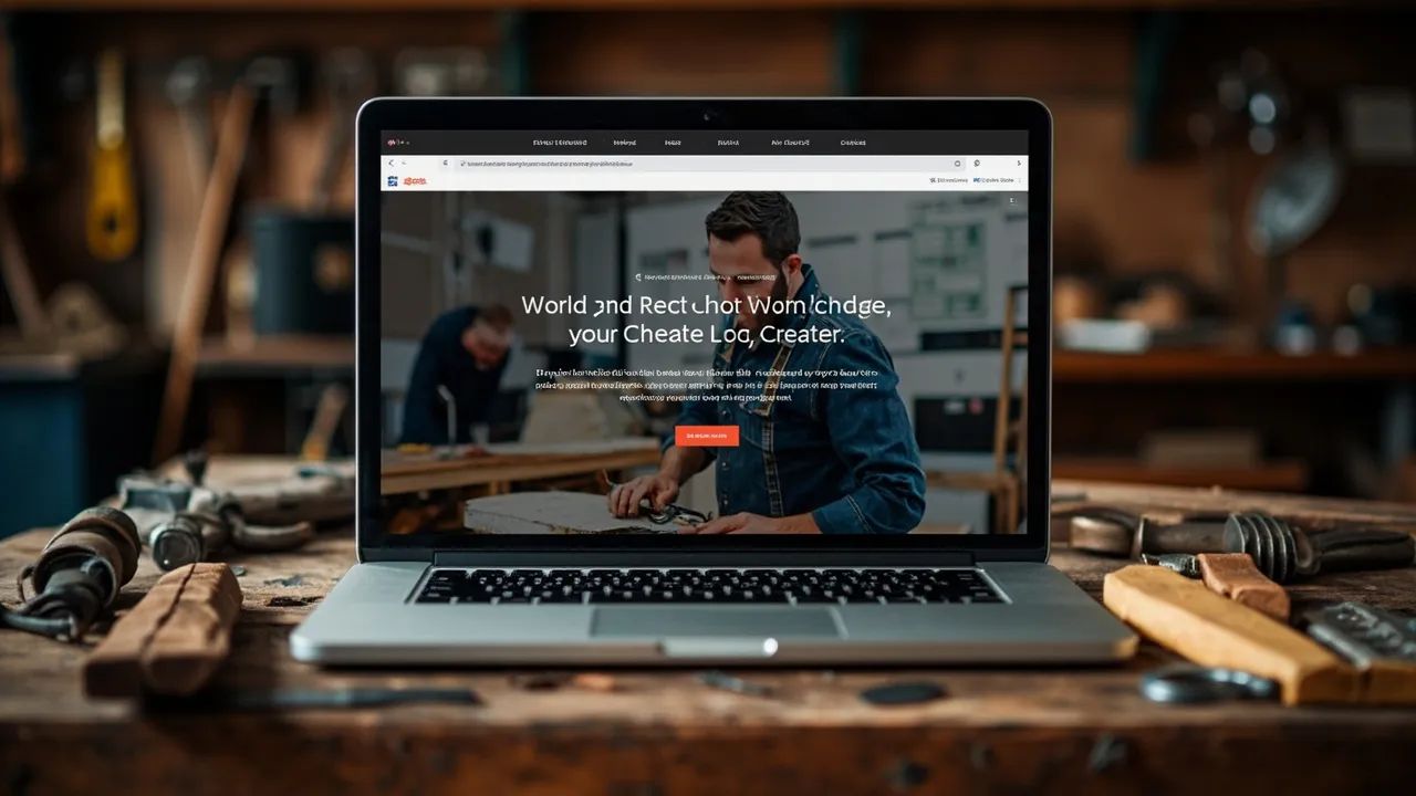 Symbolbild: ein Laptop auf einer Werkbank zeigt die Website eines Handwerksbetriebs mit Referenz-Projekten